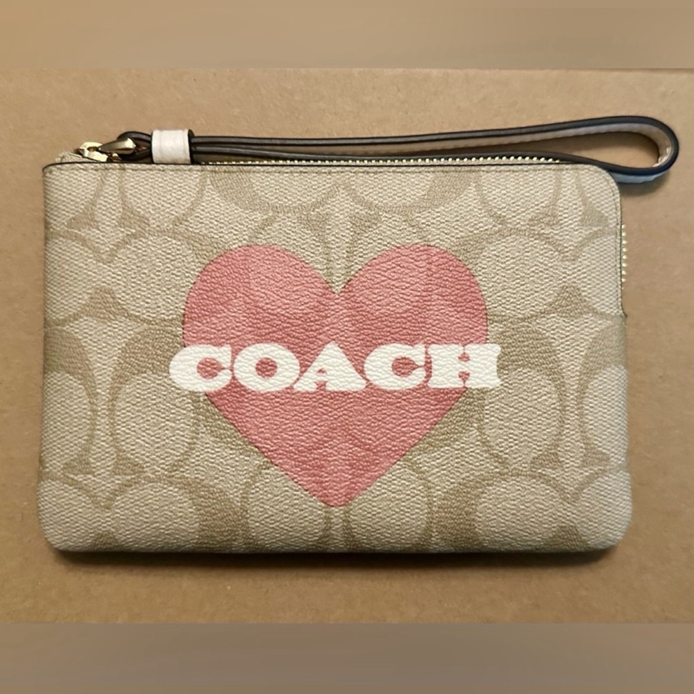 Coach Corner Zip Wristlet In Signature Canvas With Heart Print